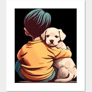 a little child with a cute dog in his arms Posters and Art